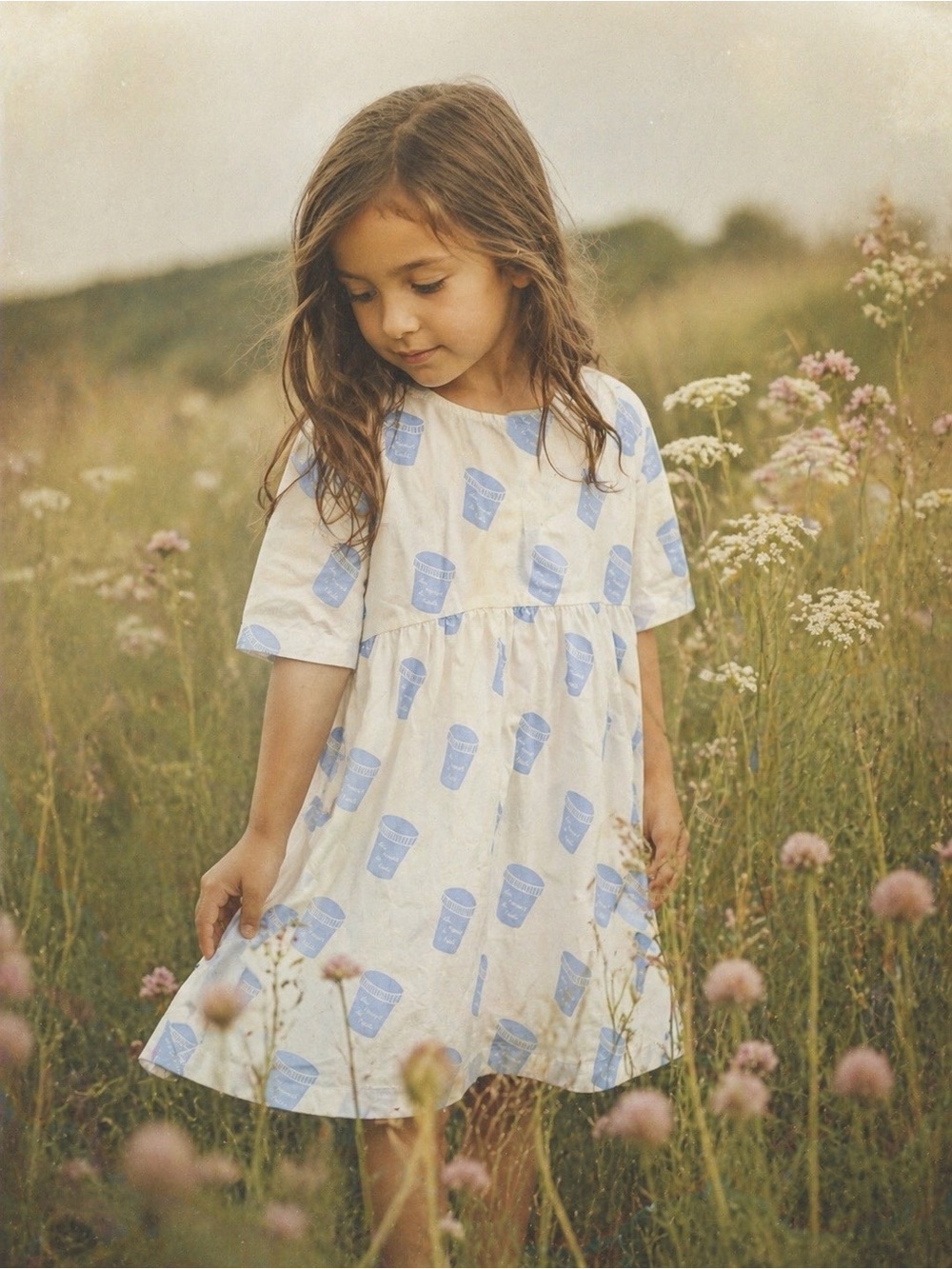 TINYCOTTONS Pots Dress White Blue 100% Cotton size Girls 6 years
